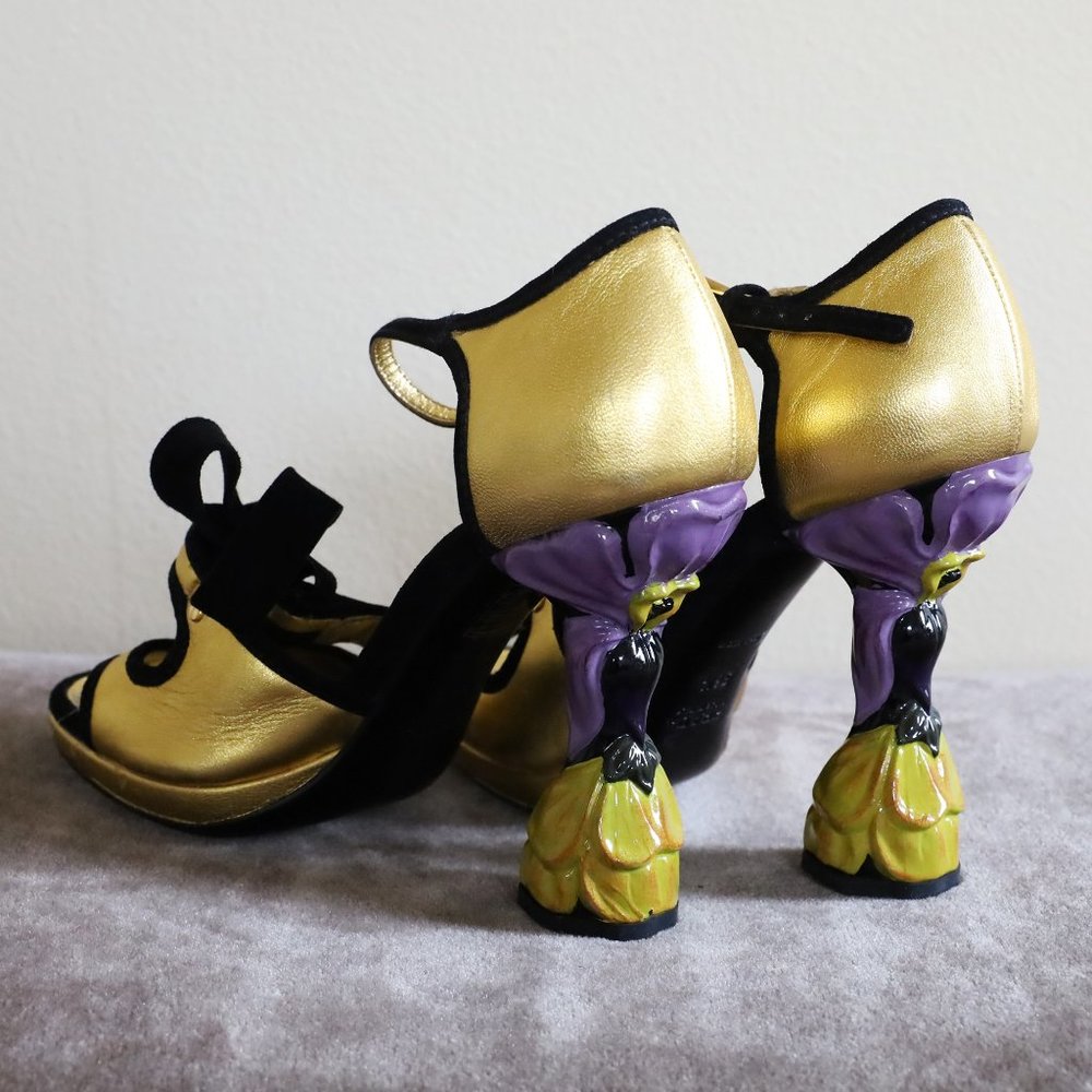 SOLD! Prada Rare Gold Pumps with Carved Orchid Heel